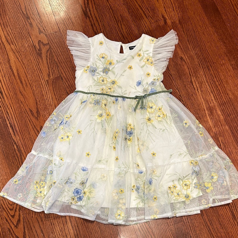 NORDSTROM ZUNIE Zunie Girls Event Dress with Embroidery Blue and Yellow Florals
